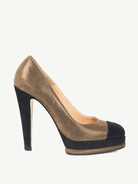 Chanel 12A Khaki & Noir Suede Cap-Toe Pumps